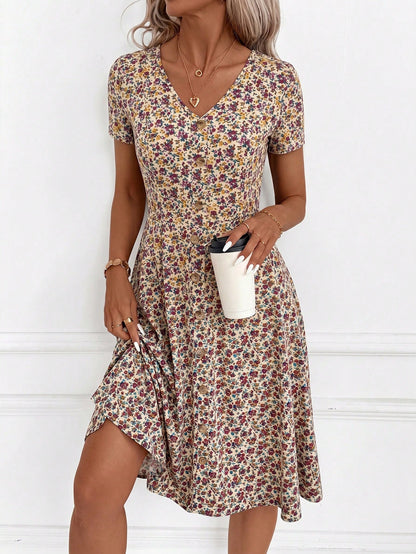 Clasi Women's Minimalist Boho Printed V-Neck Short Sleeve Mid-Length Dress,Summer Dresses For Women,Casual Dresses For Women Vacation Beige
