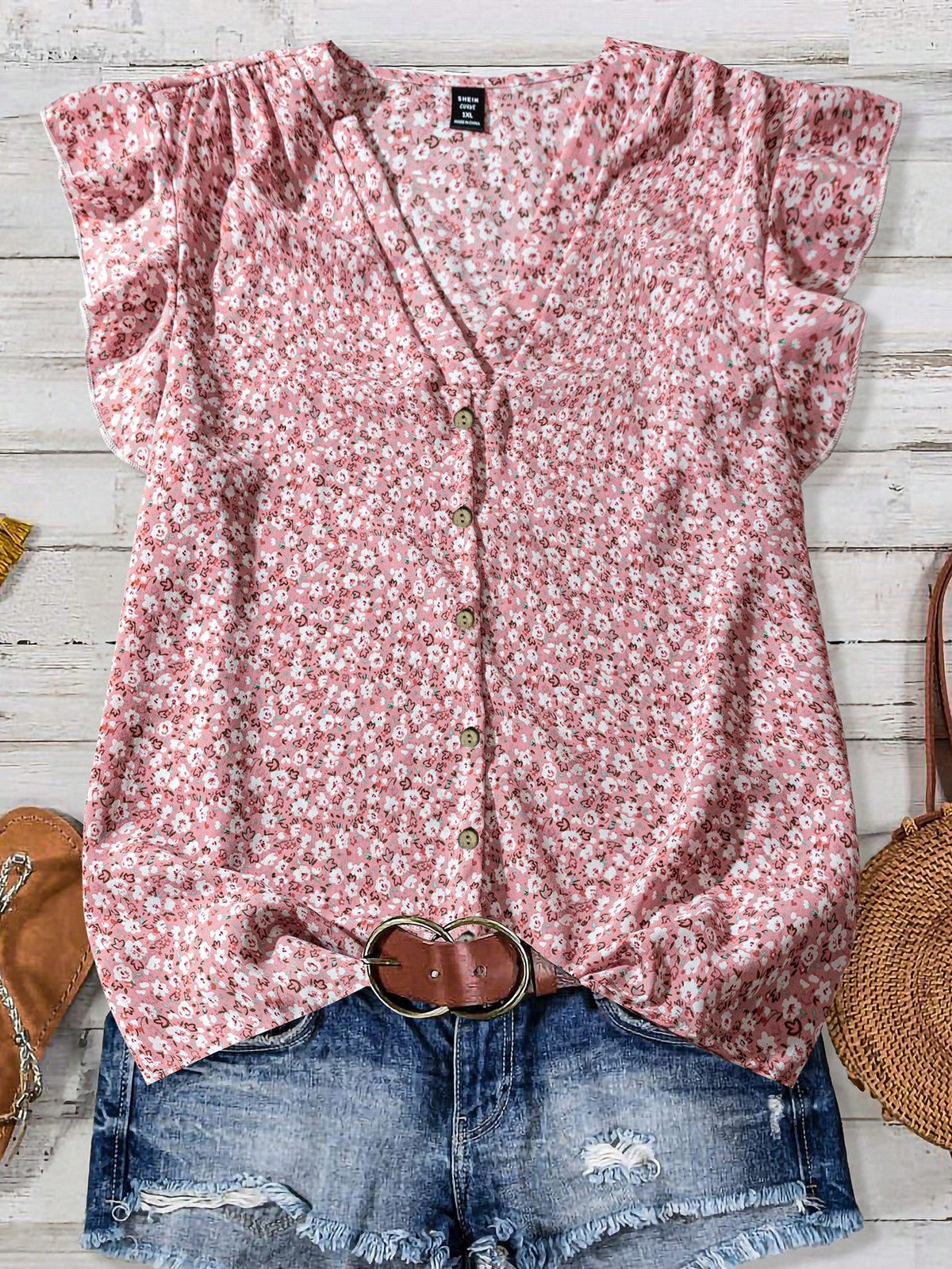 Clasi Women's Pink Floral Summer Boho Cute Holiday Vacation Ruffle Trim Flutter Sleeve Blouse,Elegant Ditsy Vintage Flower Button Front Loose Casual Shirt