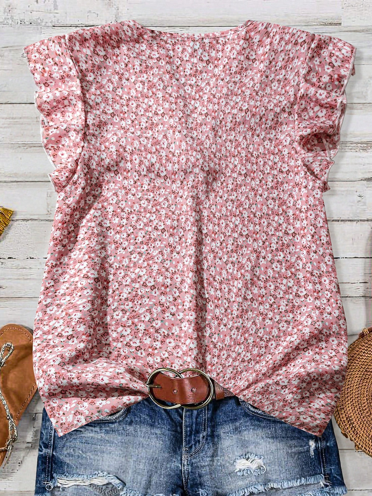 Clasi Women's Pink Floral Summer Boho Cute Holiday Vacation Ruffle Trim Flutter Sleeve Blouse,Elegant Ditsy Vintage Flower Button Front Loose Casual Shirt