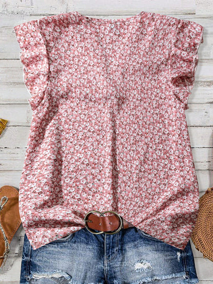 Clasi Women's Pink Floral Summer Boho Cute Holiday Vacation Ruffle Trim Flutter Sleeve Blouse,Elegant Ditsy Vintage Flower Button Front Loose Casual Shirt