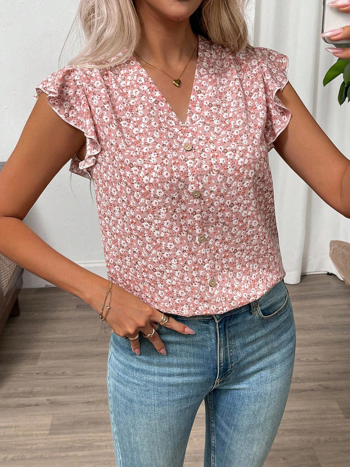 Clasi Women's Pink Floral Summer Boho Cute Holiday Vacation Ruffle Trim Flutter Sleeve Blouse,Elegant Ditsy Vintage Flower Button Front Loose Casual Shirt