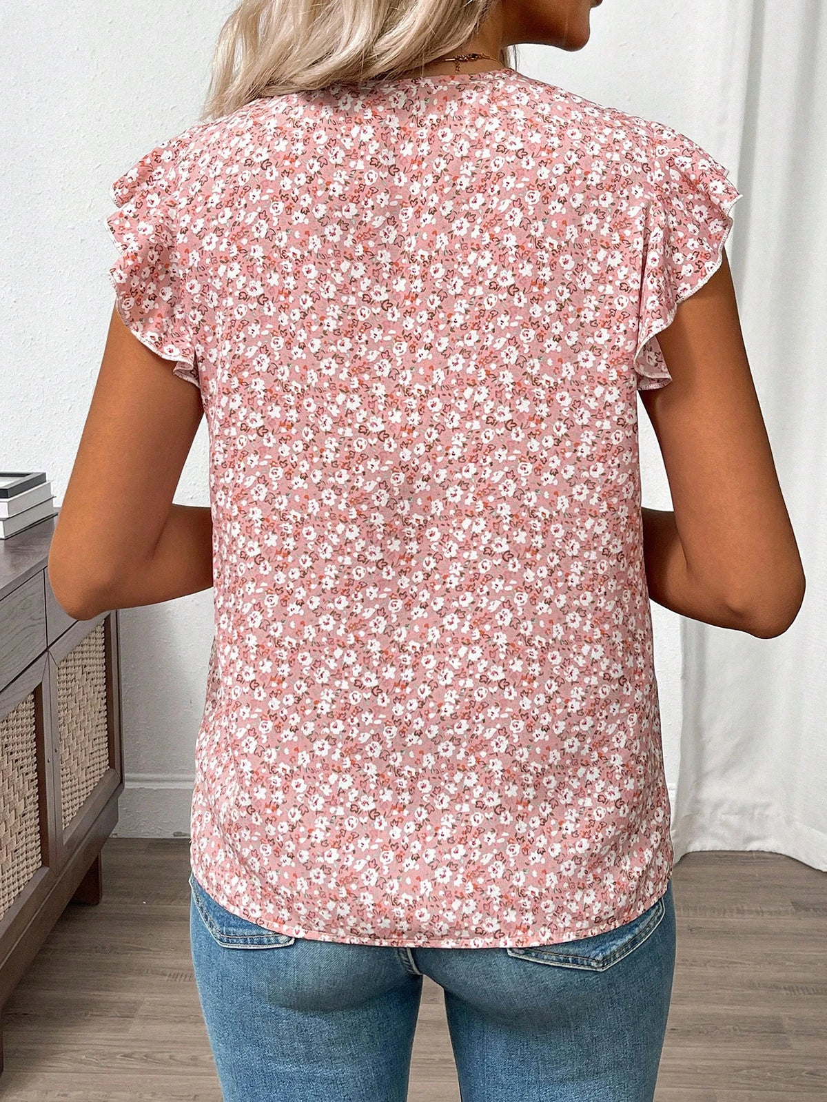 Clasi Women's Pink Floral Summer Boho Cute Holiday Vacation Ruffle Trim Flutter Sleeve Blouse,Elegant Ditsy Vintage Flower Button Front Loose Casual Shirt
