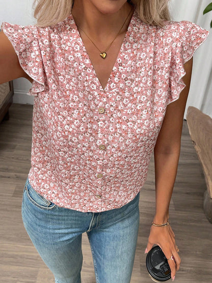 Clasi Women's Pink Floral Summer Boho Cute Holiday Vacation Ruffle Trim Flutter Sleeve Blouse,Elegant Ditsy Vintage Flower Button Front Loose Casual Shirt