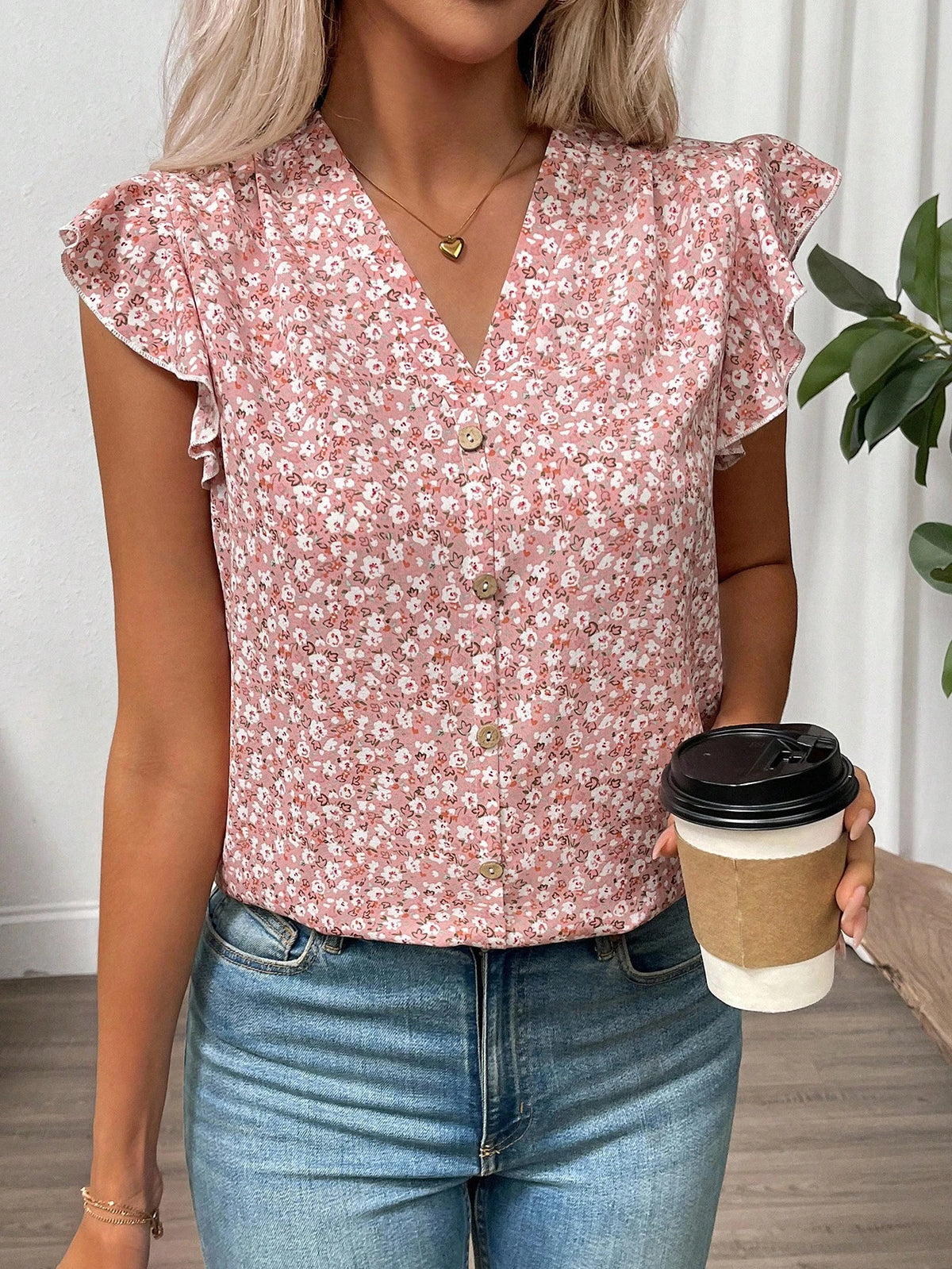 Clasi Women's Pink Floral Summer Boho Cute Holiday Vacation Ruffle Trim Flutter Sleeve Blouse,Elegant Ditsy Vintage Flower Button Front Loose Casual Shirt