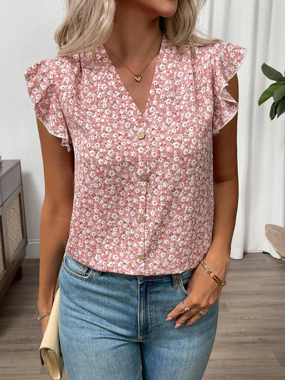 Clasi Women's Pink Floral Summer Boho Cute Holiday Vacation Ruffle Trim Flutter Sleeve Blouse,Elegant Ditsy Vintage Flower Button Front Loose Casual Shirt