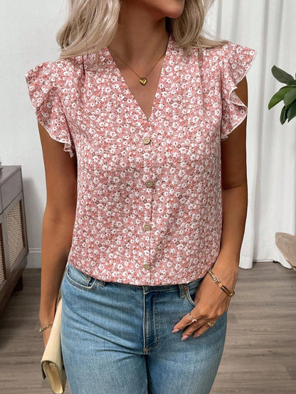 Clasi Women's Pink Floral Summer Boho Cute Holiday Vacation Ruffle Trim Flutter Sleeve Blouse,Elegant Ditsy Vintage Flower Button Front Loose Casual Shirt
