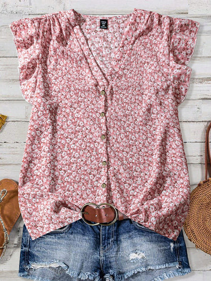 Clasi Women's Pink Floral Summer Boho Cute Holiday Vacation Ruffle Trim Flutter Sleeve Blouse,Elegant Ditsy Vintage Flower Button Front Loose Casual Shirt