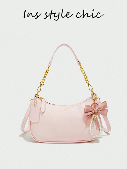Classic Solid Color PU Waterproof Fabric, Decorated With Letter Pattern And Faux Pearl Bow Pendant, Fashionable Design, Can Be Used As Shoulder Bag, Square Bag, Ladies Wallet, Suitable For Shopping, O