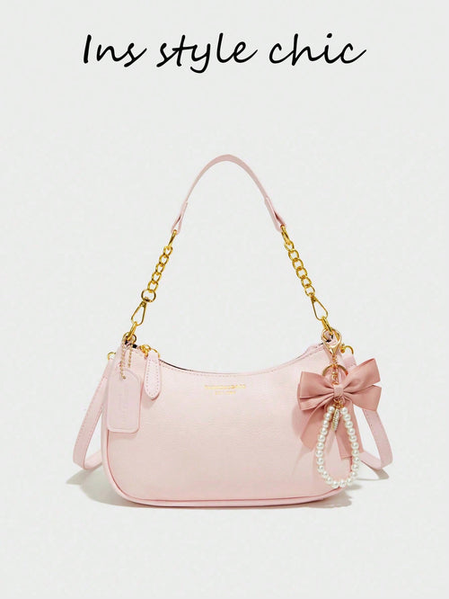 Classic Solid Color PU Waterproof Fabric, Decorated With Letter Pattern And Faux Pearl Bow Pendant, Fashionable Design, Can Be Used As Shoulder Bag, Square Bag, Ladies Wallet, Suitable For Shopping, O
