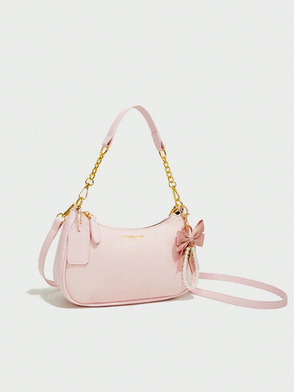Classic Solid Color PU Waterproof Fabric, Decorated With Letter Pattern And Faux Pearl Bow Pendant, Fashionable Design, Can Be Used As Shoulder Bag, Square Bag, Ladies Wallet, Suitable For Shopping, O