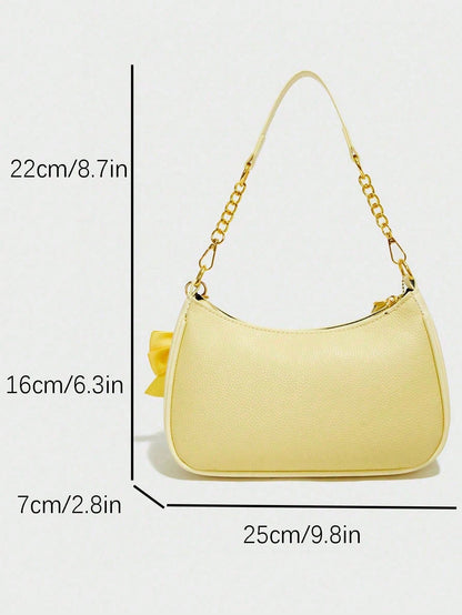 Classic Waterproof PU Shoulder Bag With Yellow Bow Charm & Letter Print, Wearable As Shoulder Or Underarm Bag, Perfect Gift For Shopping & Commute