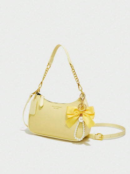 Classic Waterproof PU Shoulder Bag With Yellow Bow Charm & Letter Print, Wearable As Shoulder Or Underarm Bag, Perfect Gift For Shopping & Commute