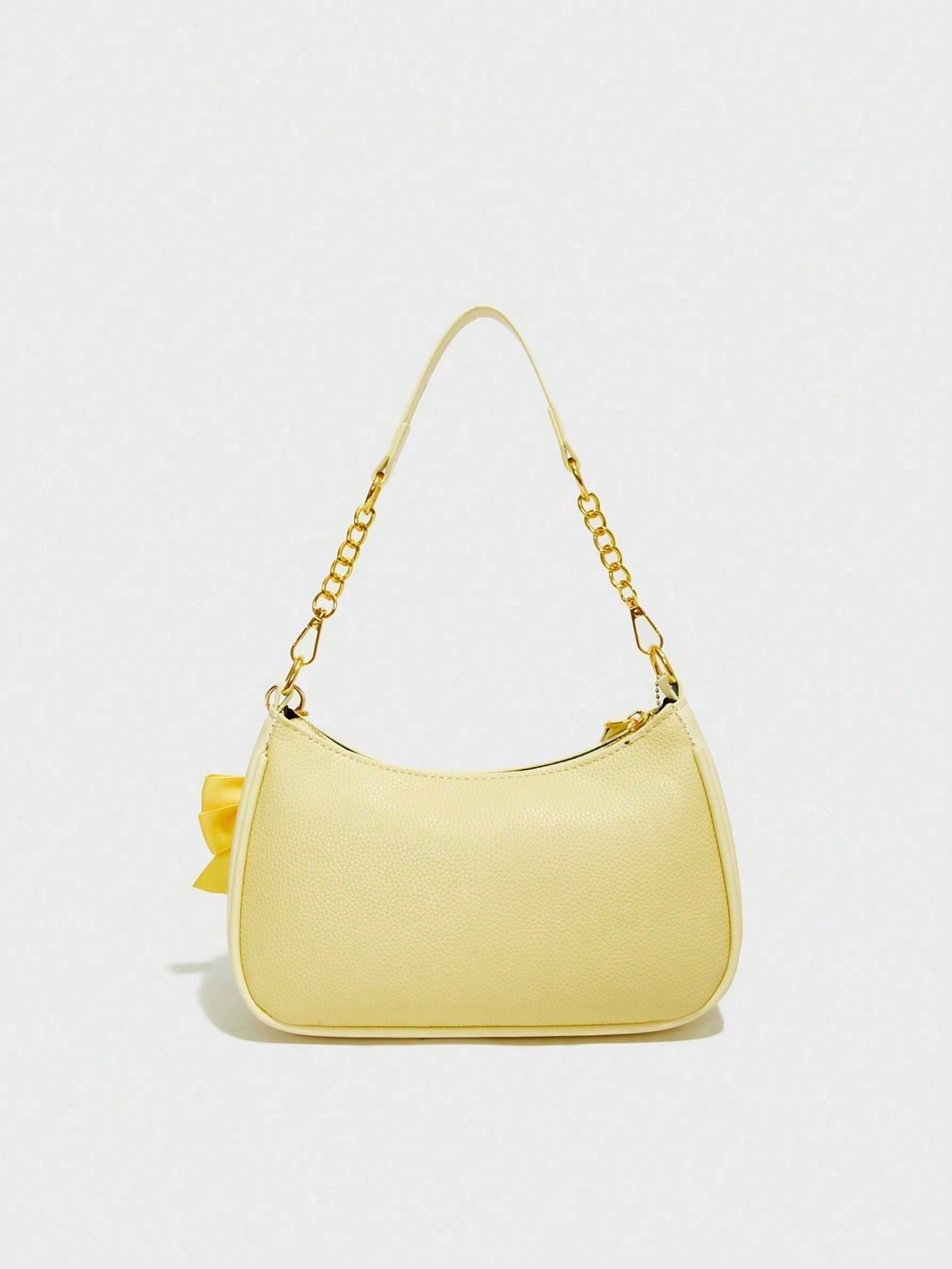 Classic Waterproof PU Shoulder Bag With Yellow Bow Charm & Letter Print, Wearable As Shoulder Or Underarm Bag, Perfect Gift For Shopping & Commute