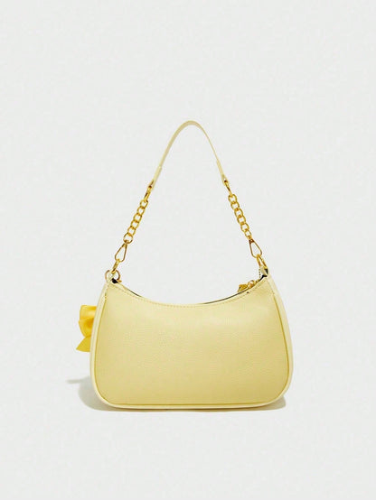 Classic Waterproof PU Shoulder Bag With Yellow Bow Charm & Letter Print, Wearable As Shoulder Or Underarm Bag, Perfect Gift For Shopping & Commute