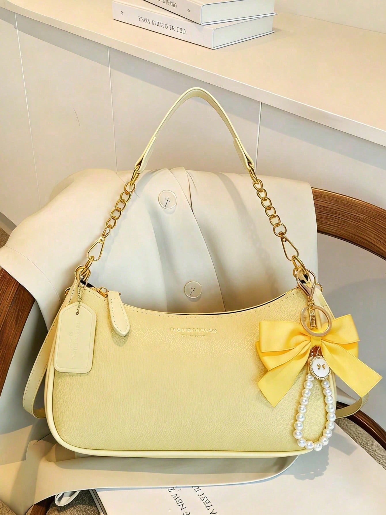 Classic Waterproof PU Shoulder Bag With Yellow Bow Charm & Letter Print, Wearable As Shoulder Or Underarm Bag, Perfect Gift For Shopping & Commute