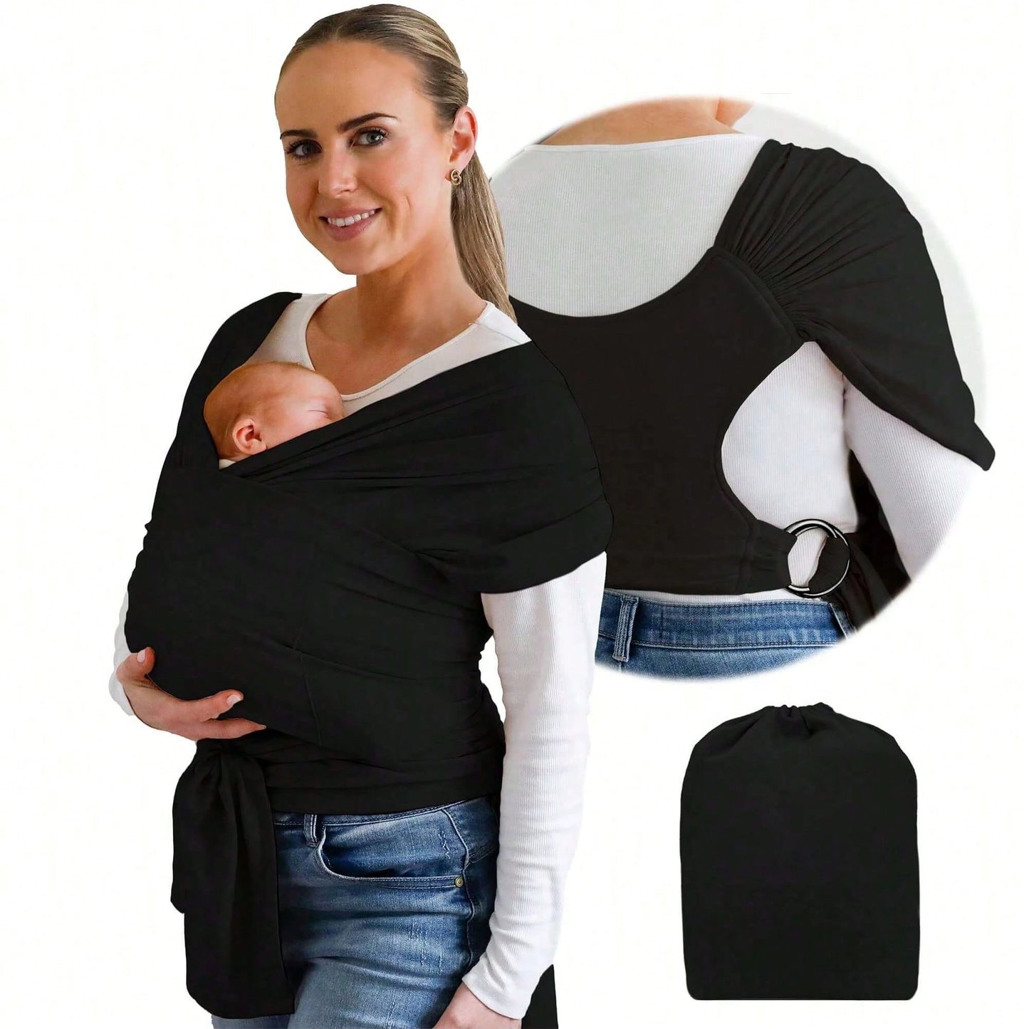 CN. Stylish Black & Gold Baby Carrier Wrap: Comfortable, Soft & Supportive, Adjustable Ring Sling For Mom & Dad