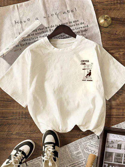 Coffee Club Graphic T-Shirt, Women's Casual Round Neck Short Sleeve Tee For Spring And Summer