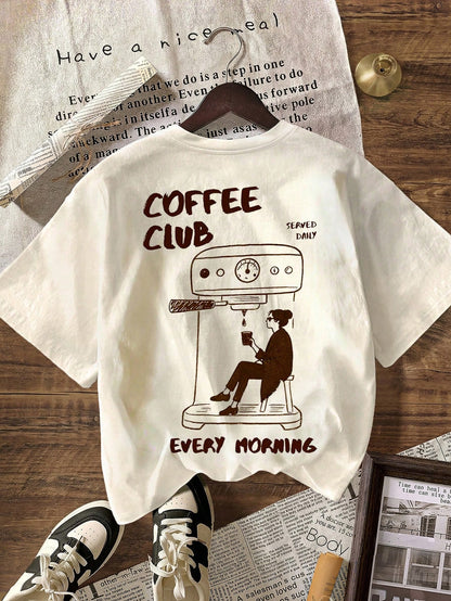 Coffee Club Graphic T-Shirt, Women's Casual Round Neck Short Sleeve Tee For Spring And Summer