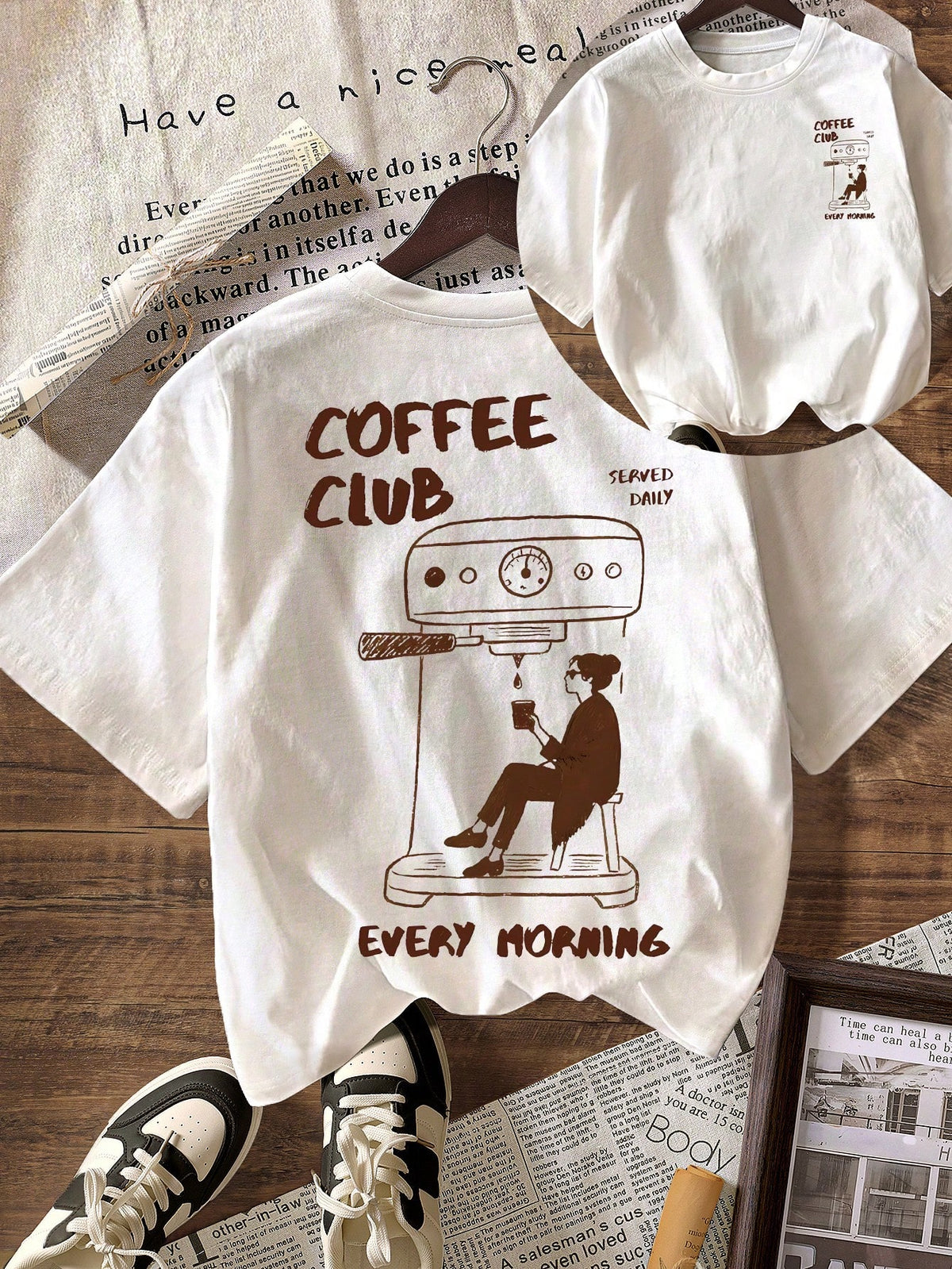 Coffee Club Graphic T-Shirt, Women's Casual Round Neck Short Sleeve Tee For Spring And Summer