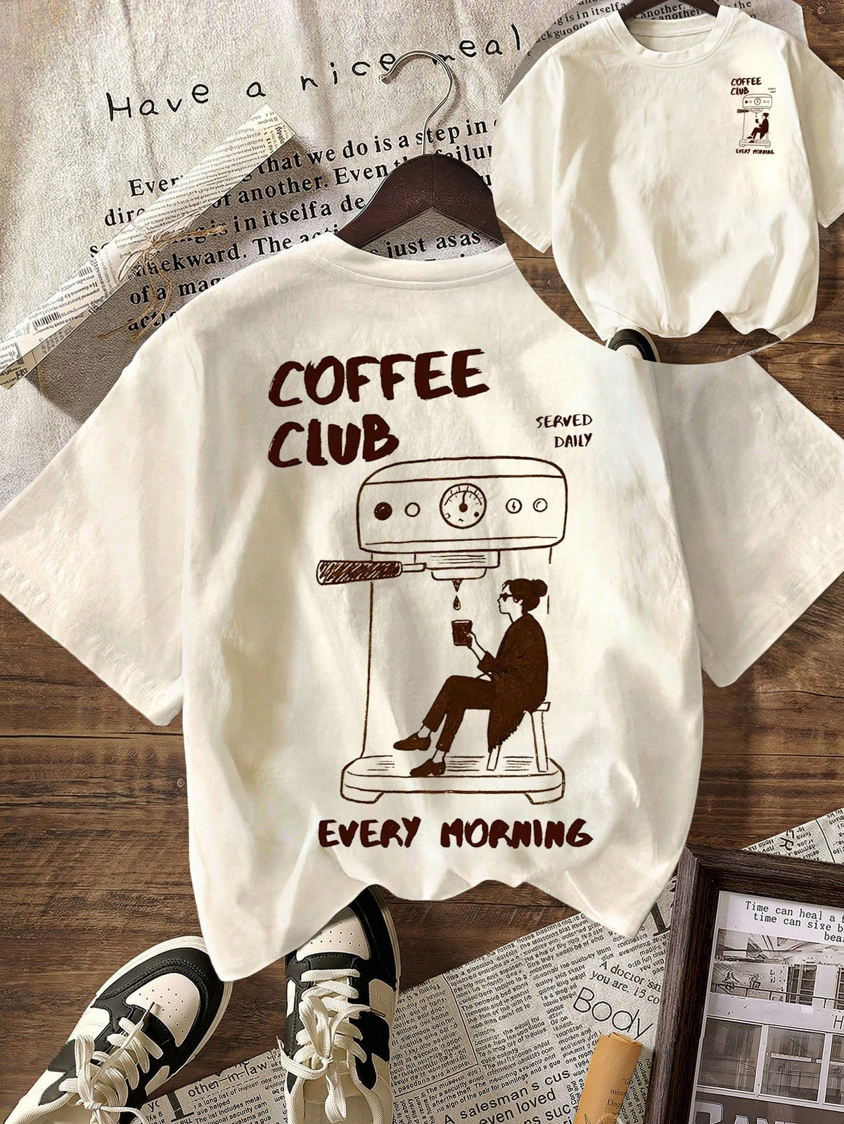 Coffee Club Graphic T-Shirt, Women's Casual Round Neck Short Sleeve Tee For Spring And Summer
