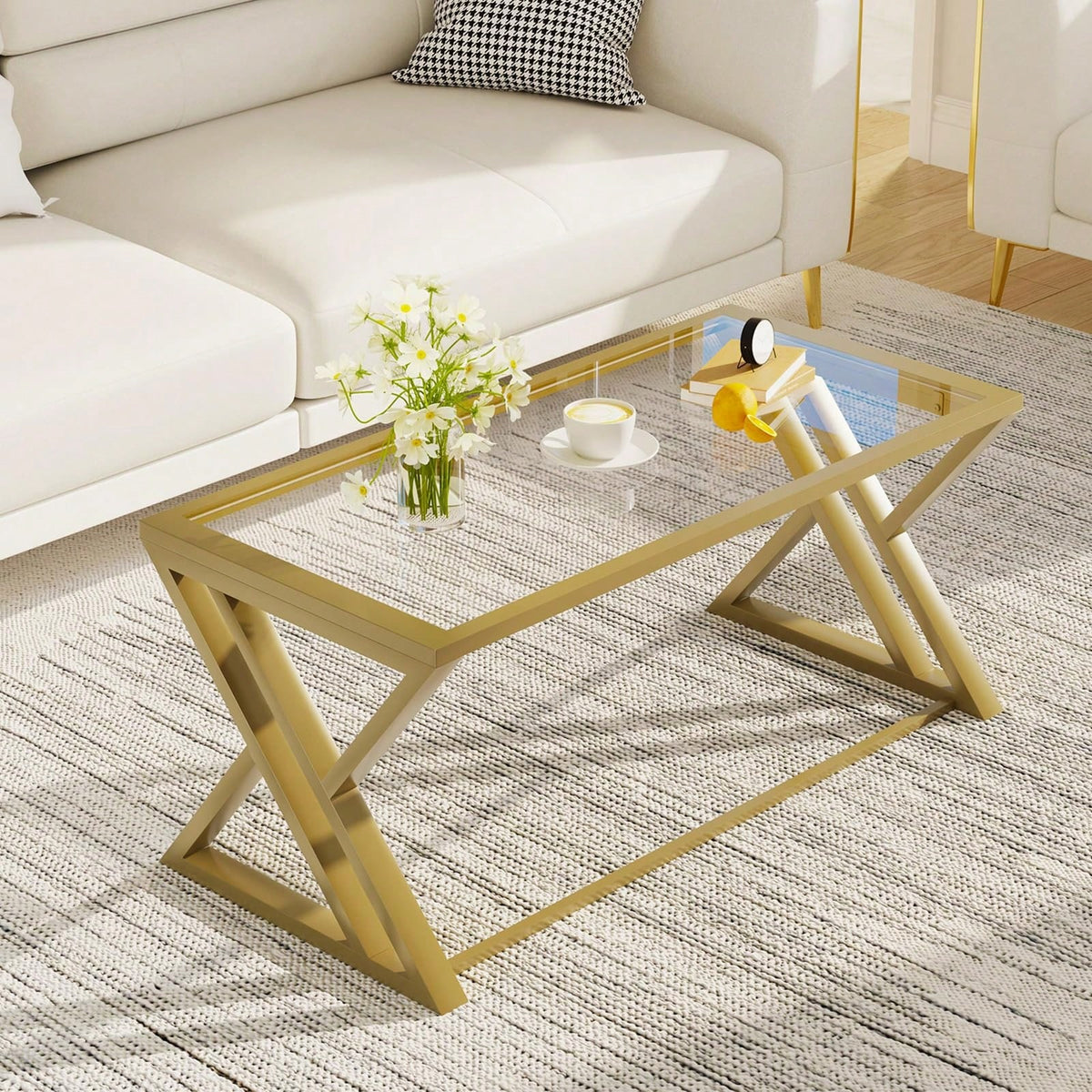 Coffee Table Glass Coffee Table For Living Room,Modern Rectangular Center Table With Sturdy Metal Frame,Tempered Glass Table Tea Tables For Bedroom Home Office