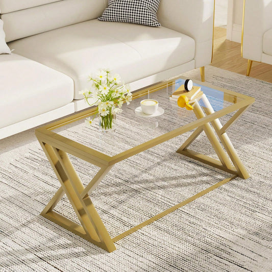 Coffee Table Glass Coffee Table For Living Room,Modern Rectangular Center Table With Sturdy Metal Frame,Tempered Glass Table Tea Tables For Bedroom Home Office