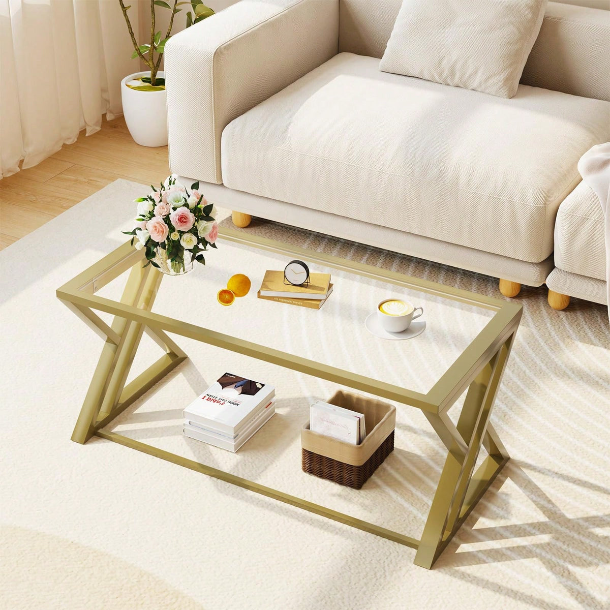 Coffee Table Glass Coffee Table For Living Room,Modern Rectangular Center Table With Sturdy Metal Frame,Tempered Glass Table Tea Tables For Bedroom Home Office