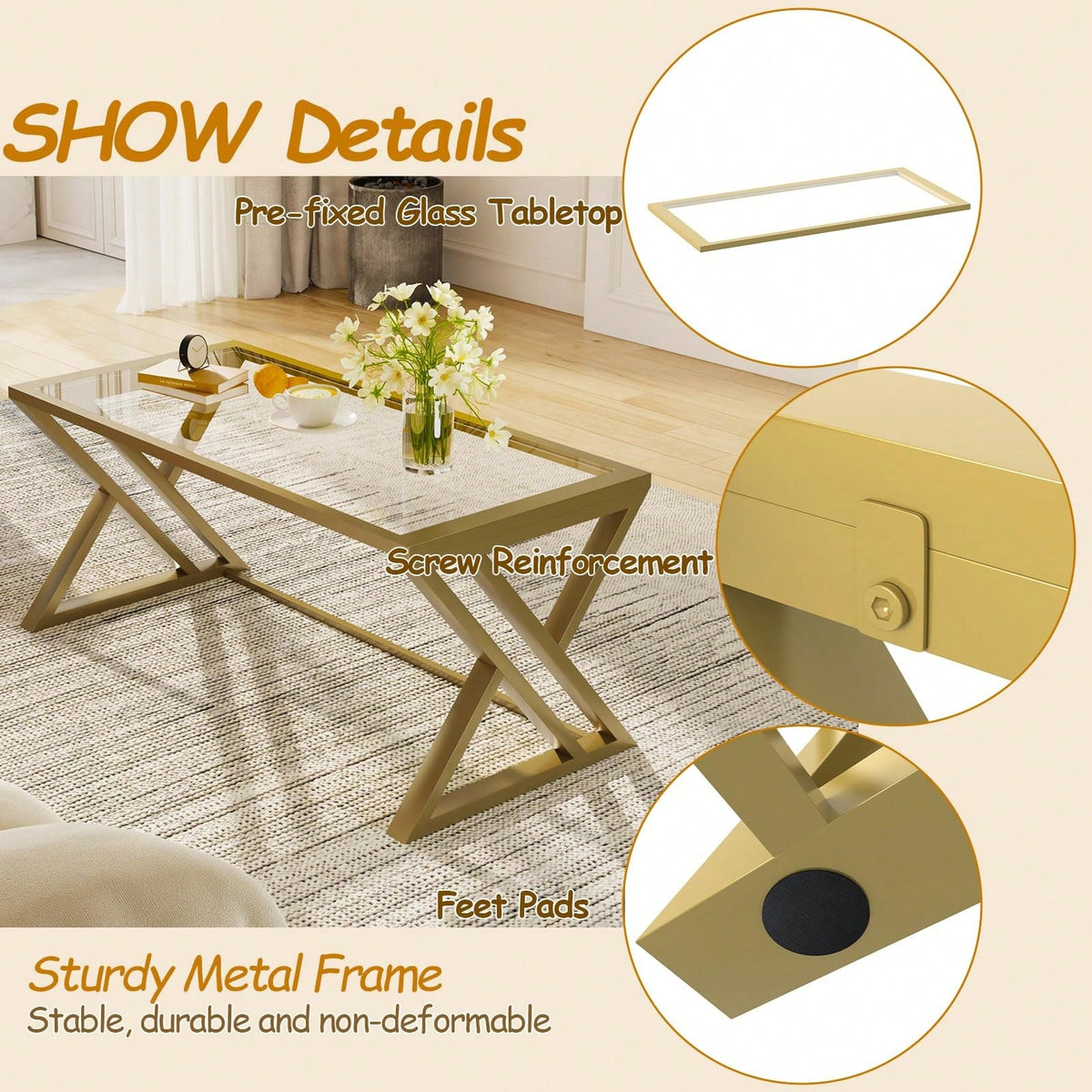 Coffee Table Glass Coffee Table For Living Room,Modern Rectangular Center Table With Sturdy Metal Frame,Tempered Glass Table Tea Tables For Bedroom Home Office