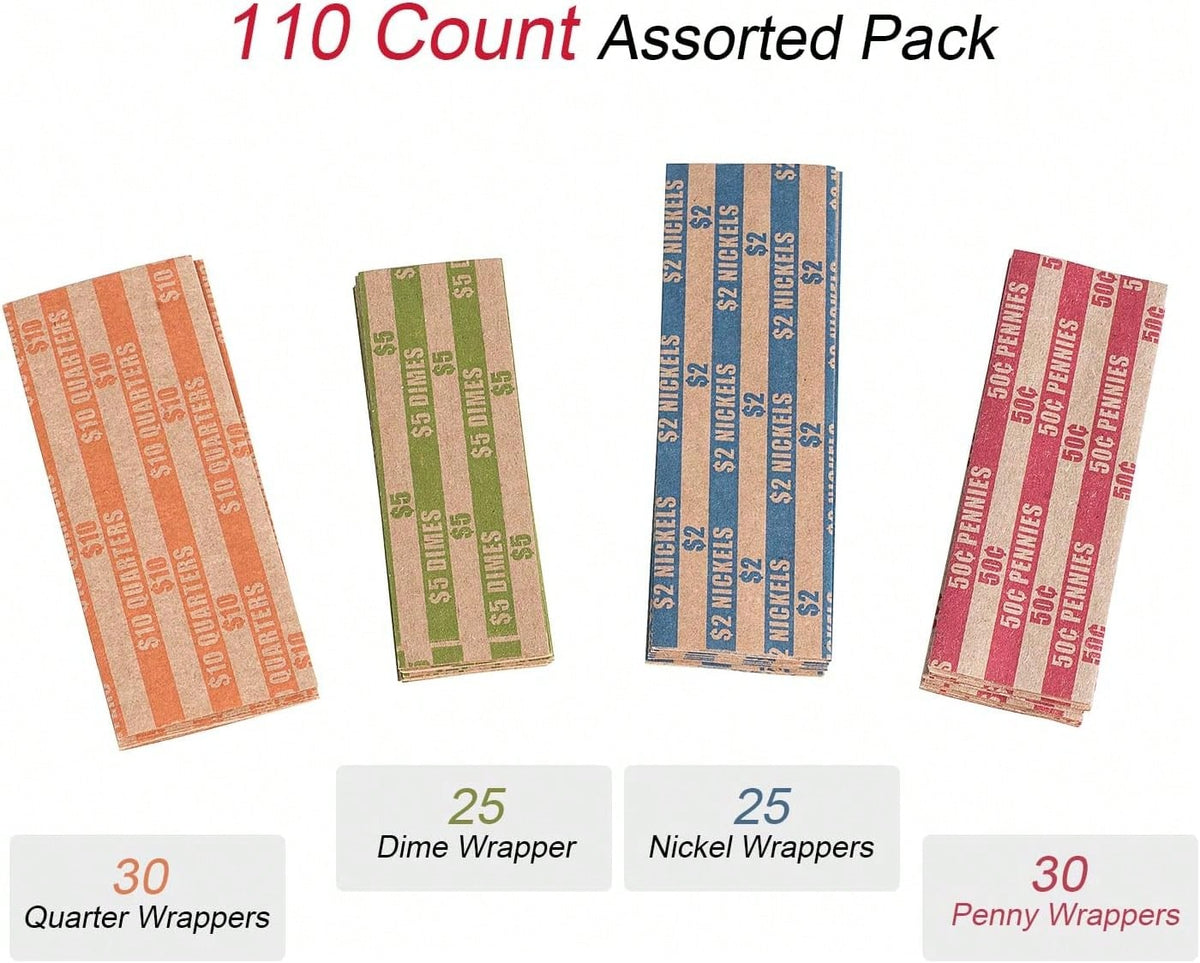 Coin Wrappers Assorted 110 PCS Flat Coin Rolls Wrappers For All Coins Including 30 Quarter Wrappers, 30 Penny Wrappers, 25 Dime Wrappers, 25 Nickel Wrappers