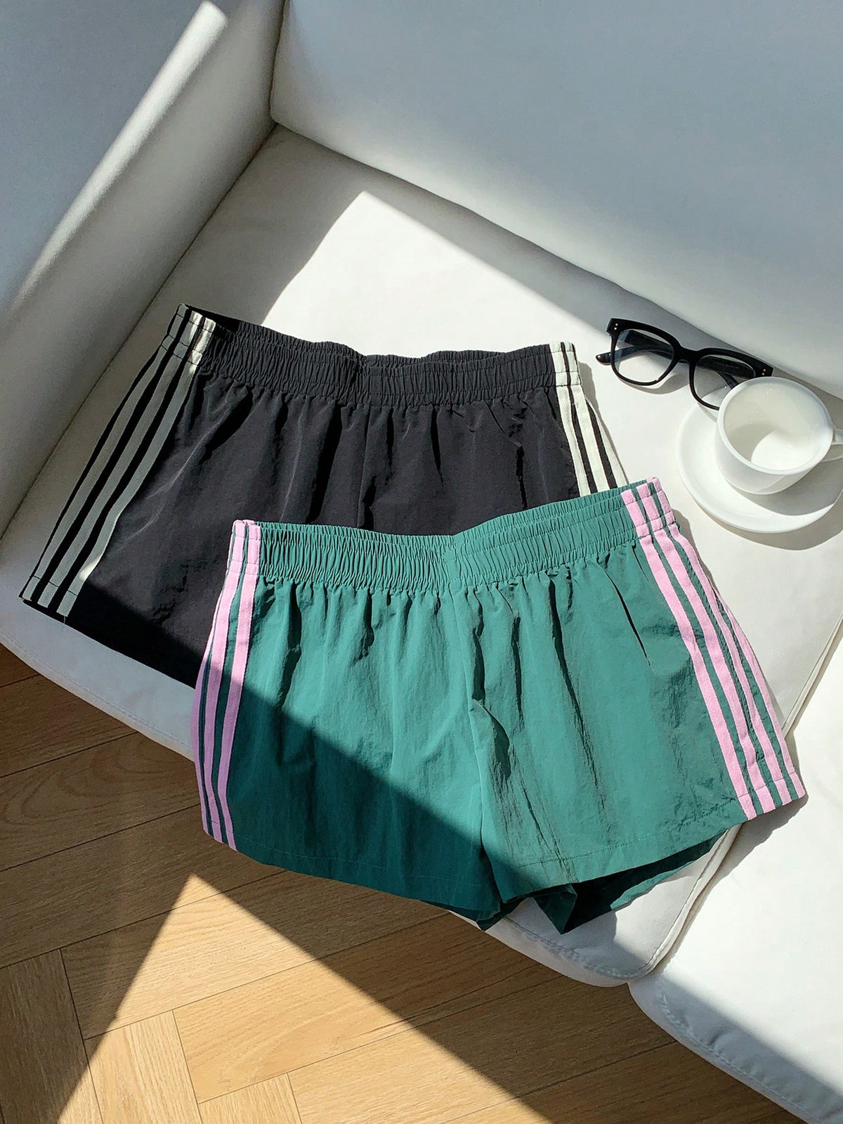 Comfortcana 2pcs Women Side Stripe Elastic Waist Casual Baggy Loose Sports Shorts Summer Gym Jogging Cargo Pants Black And White Striped Pink Striped