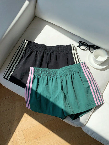 Comfortcana 2pcs Women Side Stripe Elastic Waist Casual Baggy Loose Sports Shorts Summer Gym Jogging Cargo Pants Black And White Striped Pink Striped
