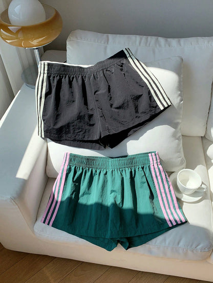Comfortcana 2pcs Women Side Stripe Elastic Waist Casual Baggy Loose Sports Shorts Summer Gym Jogging Cargo Pants Black And White Striped Pink Striped