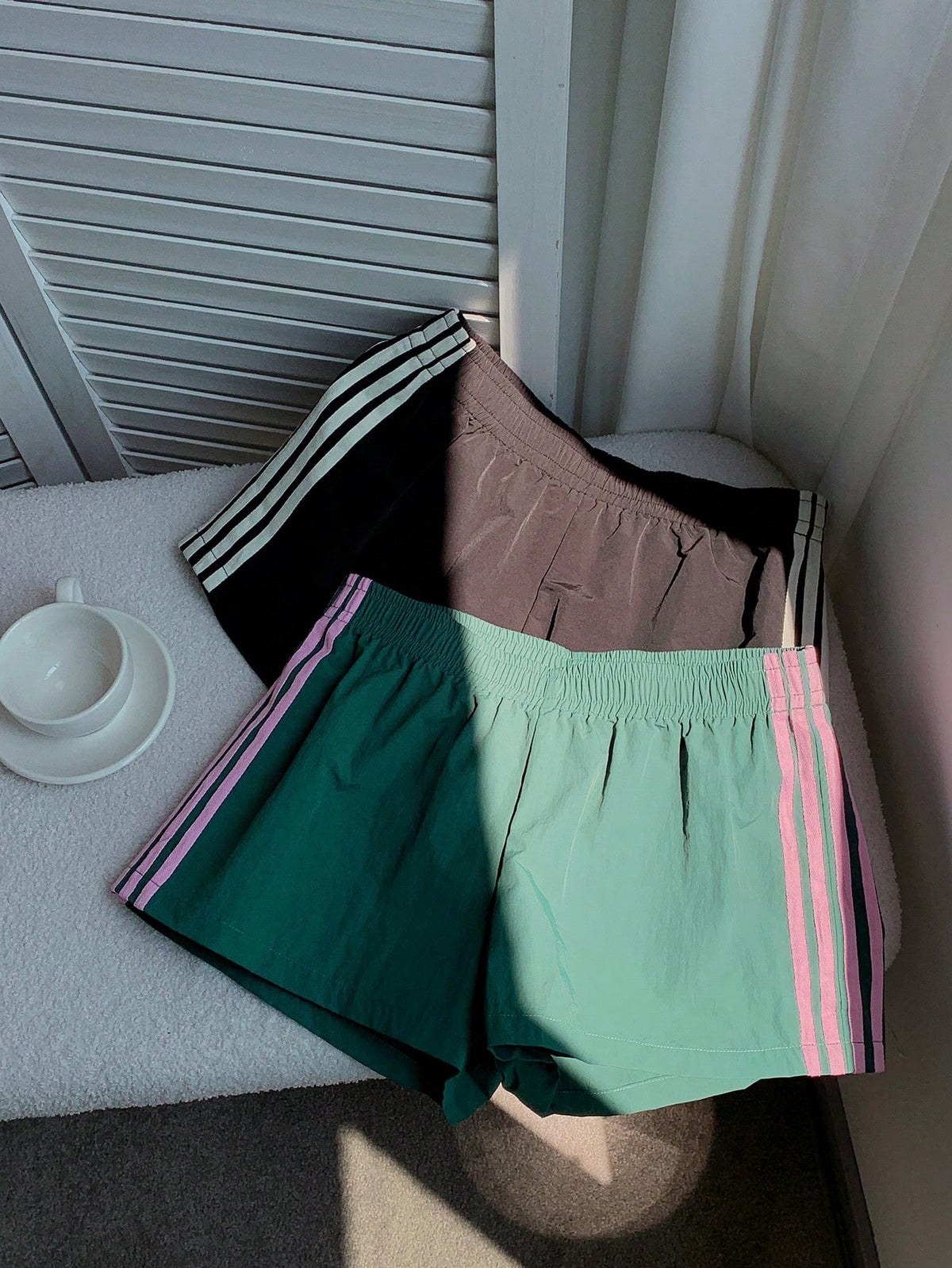 Comfortcana 2pcs Women Side Stripe Elastic Waist Casual Baggy Loose Sports Shorts Summer Gym Jogging Cargo Pants Black And White Striped Pink Striped