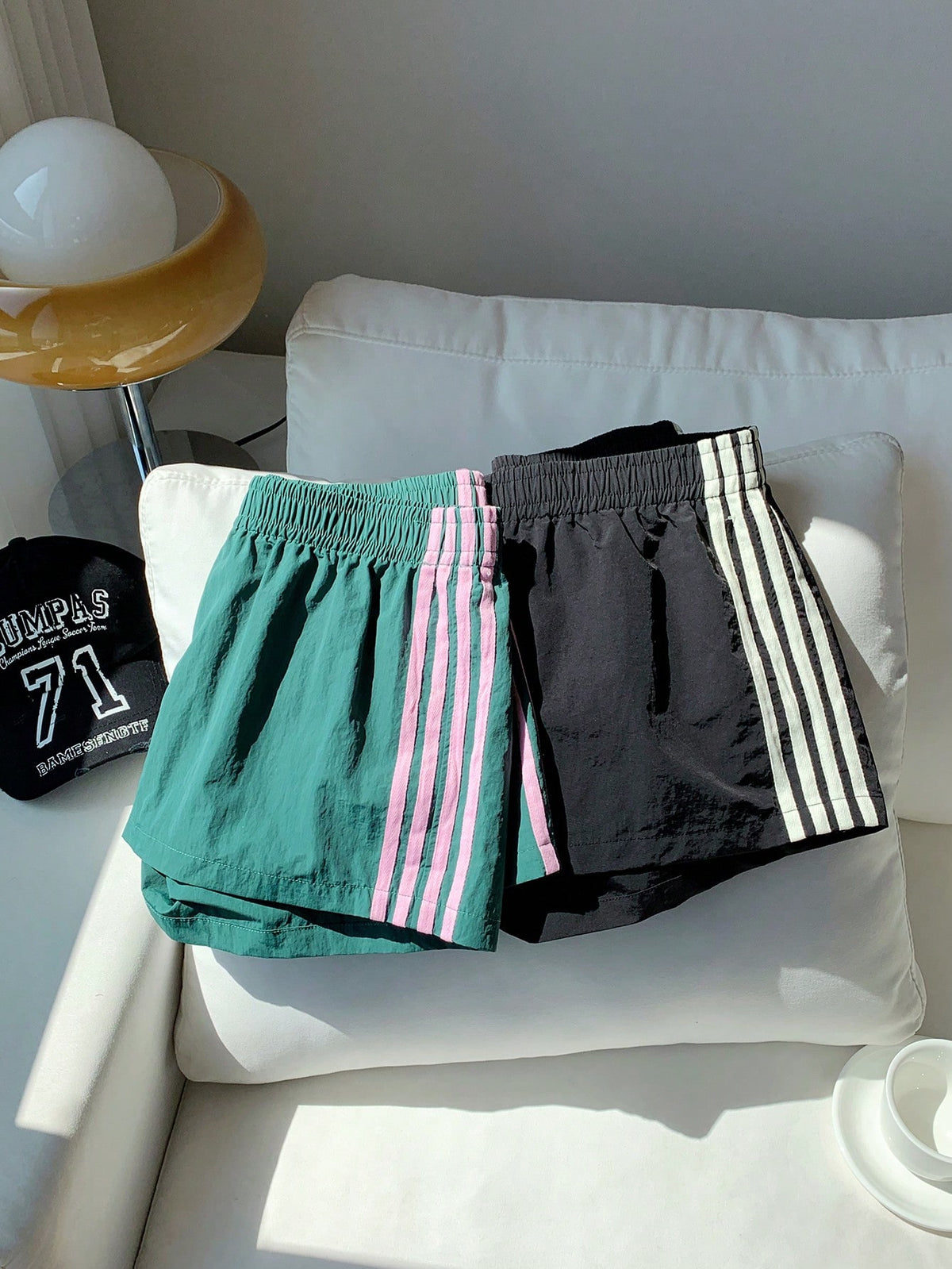 Comfortcana 2pcs Women Side Stripe Elastic Waist Casual Baggy Loose Sports Shorts Summer Gym Jogging Cargo Pants Black And White Striped Pink Striped