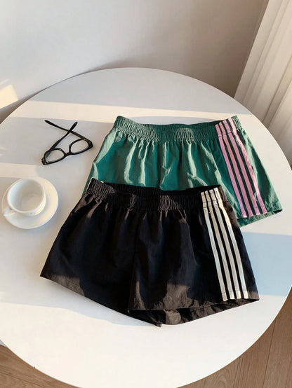 Comfortcana 2pcs Women Side Stripe Elastic Waist Casual Baggy Loose Sports Shorts Summer Gym Jogging Cargo Pants Black And White Striped Pink Striped