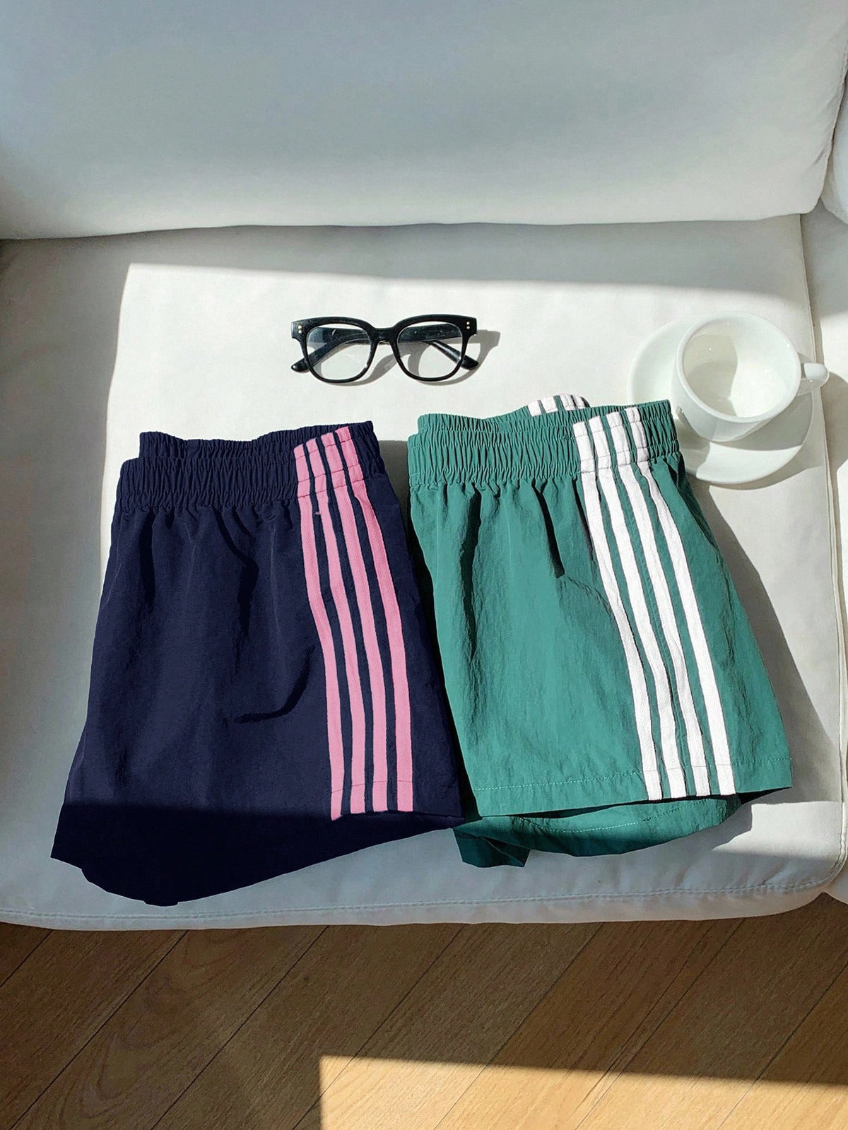 Comfortcana 2pcs Women Side Stripe Elastic Waist Casual Baggy Loose Sports Shorts Summer Gym Jogging Cargo Pants Black And White Striped Pink Striped