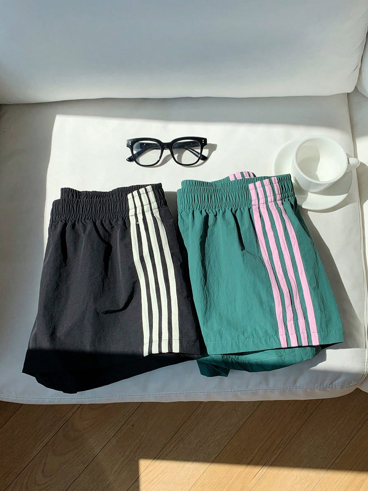 Comfortcana 2pcs Women Side Stripe Elastic Waist Casual Baggy Loose Sports Shorts Summer Gym Jogging Cargo Pants Black And White Striped Pink Striped