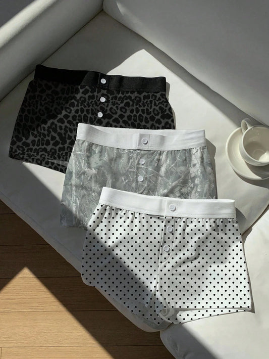 Comfortcana 3pcs Women Leopard/Tree/Polka Dot Print Contrast Waist Button Front Shorts Carnival