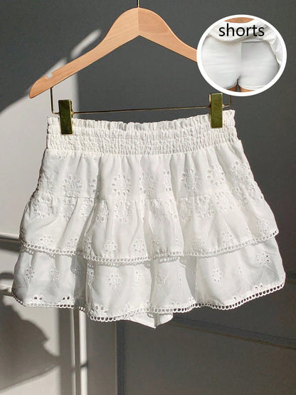 Comfortcana White Woven Women's Beach Vacation Skirt,White Mini Skirt