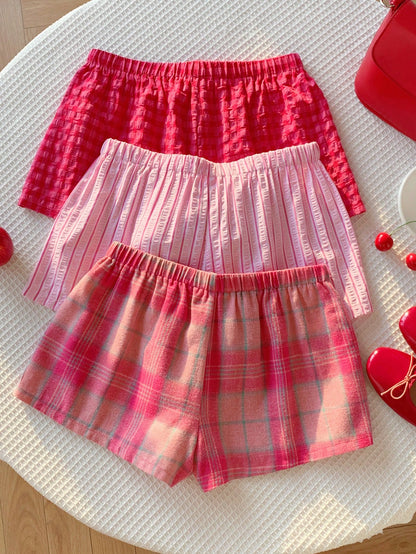 Comfortcana Women's 3pcs Summer Cute Pink Check Shorts Set, Drawstring Waist Plaid Casual, Versatile Beach Picnic Vacation Wear, Y2k Style