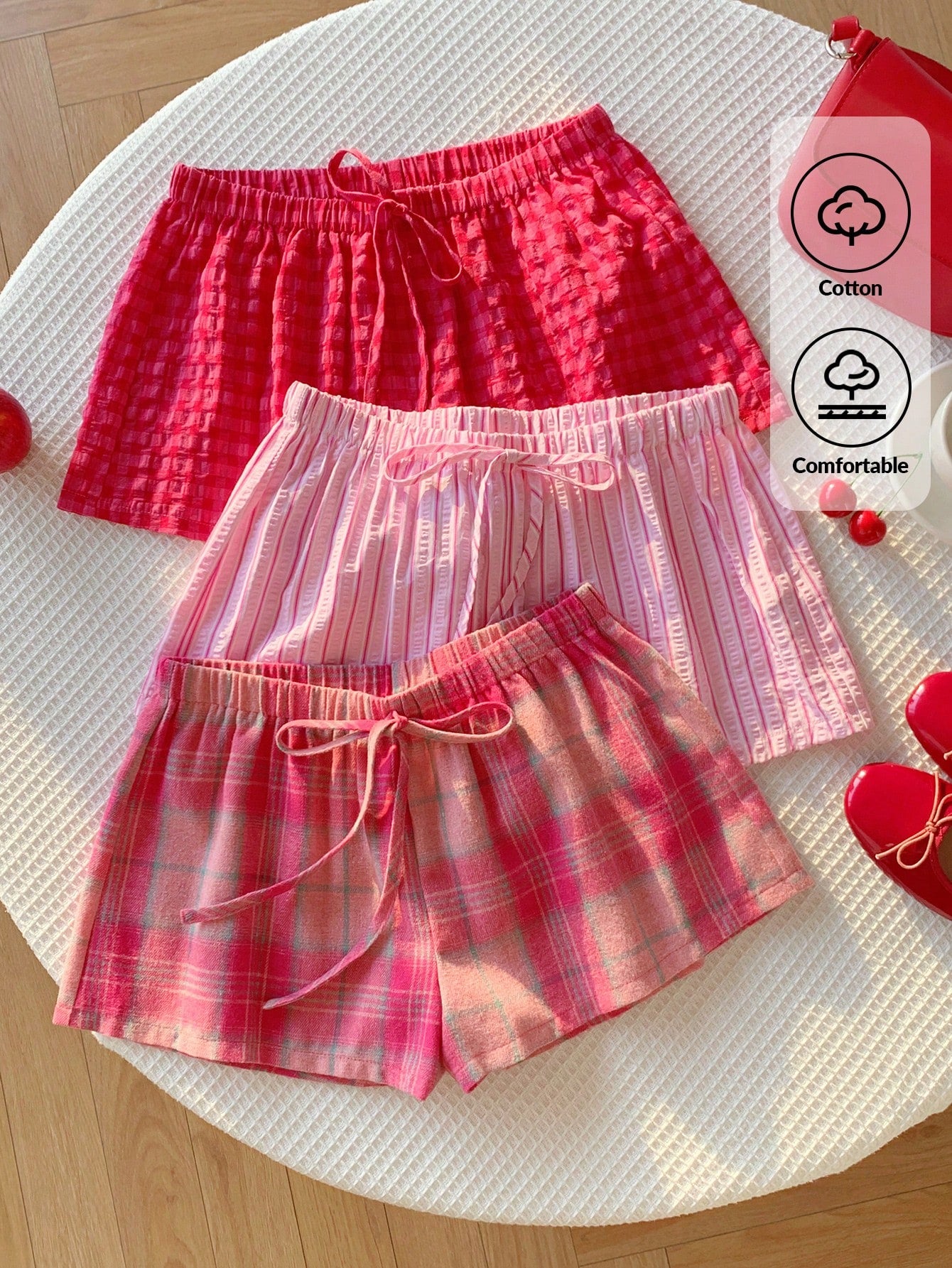 Comfortcana Women's 3pcs Summer Cute Pink Check Shorts Set, Drawstring Waist Plaid Casual, Versatile Beach Picnic Vacation Wear, Y2k Style