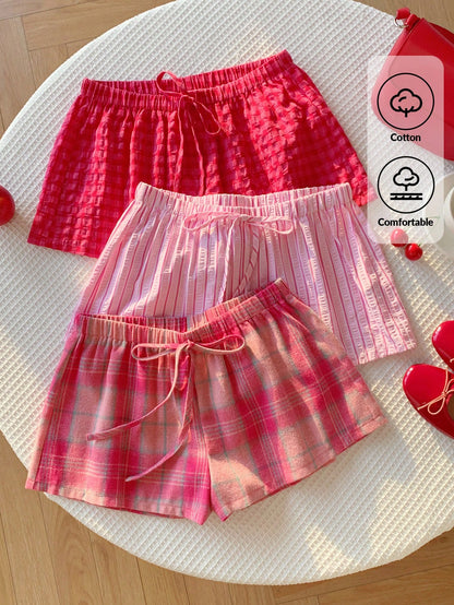 Comfortcana Women's 3pcs Summer Cute Pink Check Shorts Set, Drawstring Waist Plaid Casual, Versatile Beach Picnic Vacation Wear, Y2k Style
