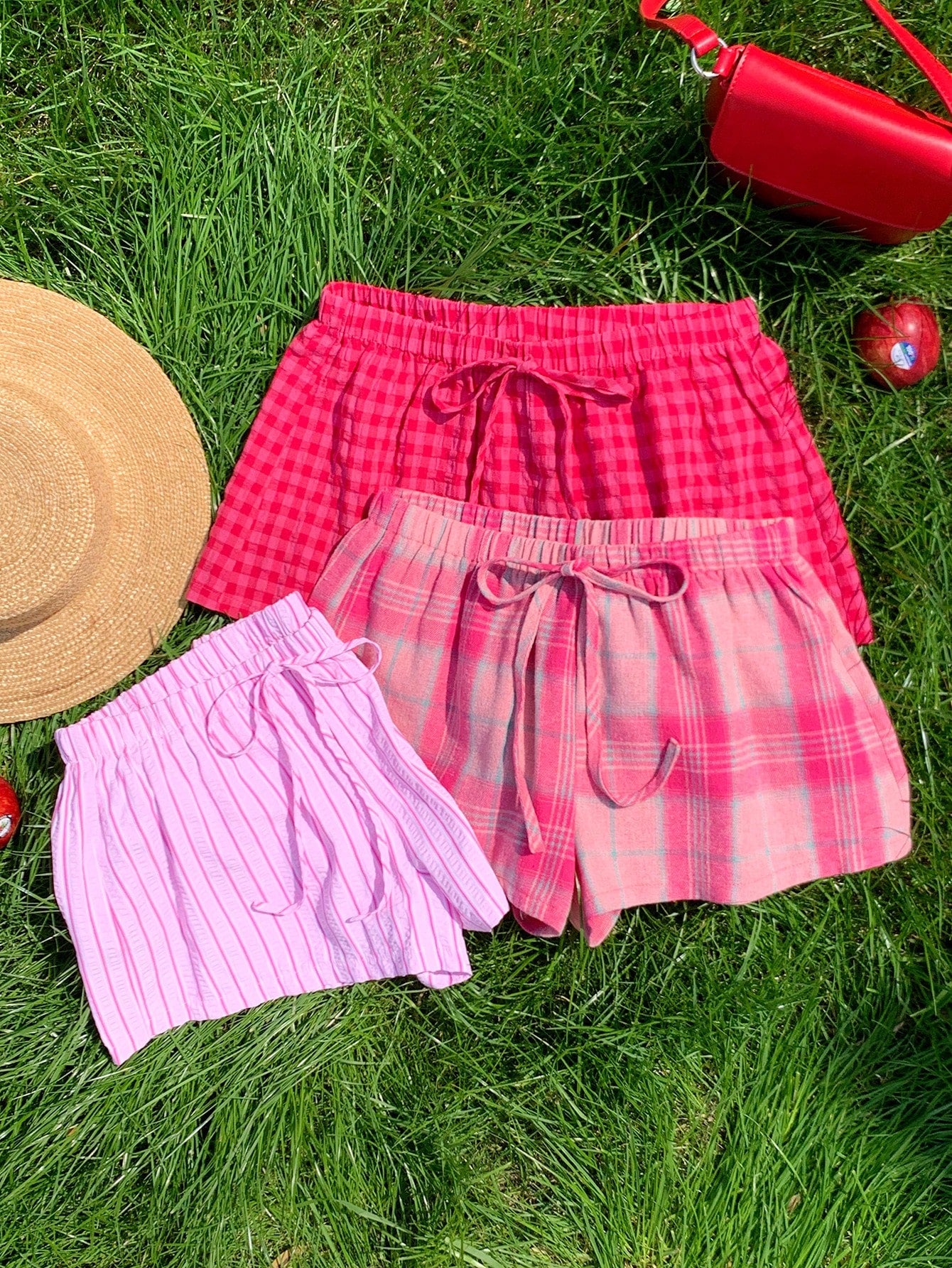 Comfortcana Women's 3pcs Summer Cute Pink Check Shorts Set, Drawstring Waist Plaid Casual, Versatile Beach Picnic Vacation Wear, Y2k Style
