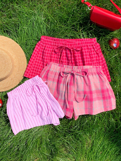 Comfortcana Women's 3pcs Summer Cute Pink Check Shorts Set, Drawstring Waist Plaid Casual, Versatile Beach Picnic Vacation Wear, Y2k Style