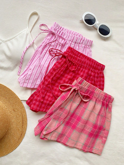 Comfortcana Women's 3pcs Summer Cute Pink Check Shorts Set, Drawstring Waist Plaid Casual, Versatile Beach Picnic Vacation Wear, Y2k Style