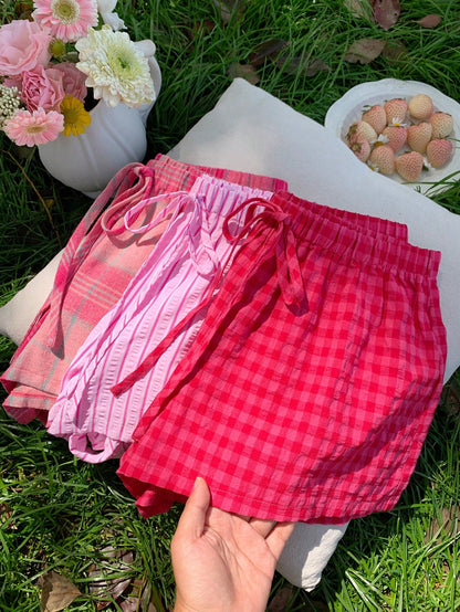 Comfortcana Women's 3pcs Summer Cute Pink Check Shorts Set, Drawstring Waist Plaid Casual, Versatile Beach Picnic Vacation Wear, Y2k Style