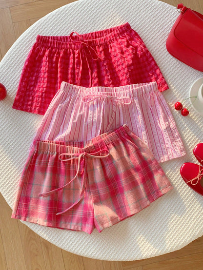 Comfortcana Women's 3pcs Summer Cute Pink Check Shorts Set, Drawstring Waist Plaid Casual, Versatile Beach Picnic Vacation Wear, Y2k Style