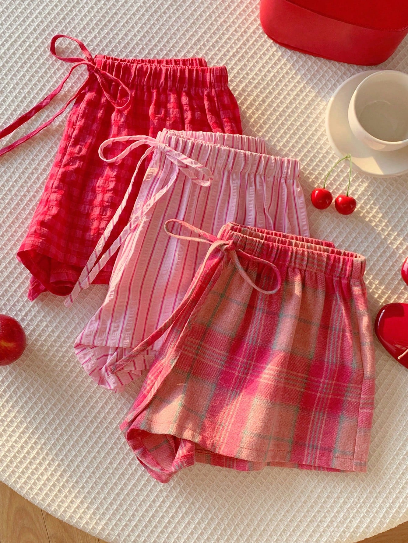 Comfortcana Women's 3pcs Summer Cute Pink Check Shorts Set, Drawstring Waist Plaid Casual, Versatile Beach Picnic Vacation Wear, Y2k Style
