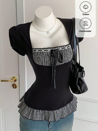 Comfortcana Women's Black And White Checkered Cute Summer Tops, Plaid Patchwork Short Sleeve Everyday Vintage Blouses, Elegant Vacation Casual Y2K Style Brunch