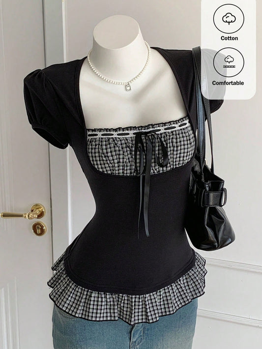 Comfortcana Women's Black And White Checkered Cute Summer Tops, Plaid Patchwork Short Sleeve Everyday Vintage Blouses, Elegant Vacation Casual Y2K Style Brunch